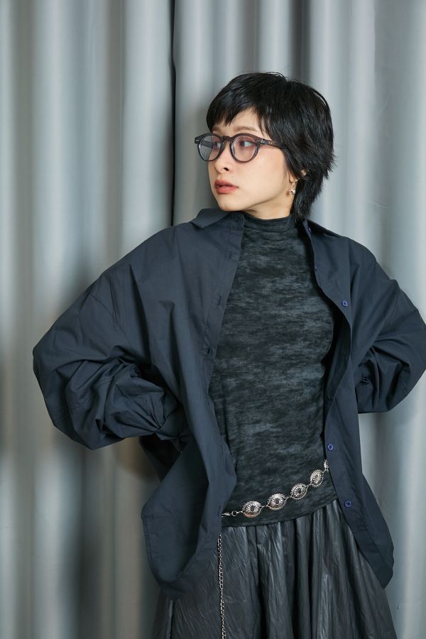 秋日沉穩色系立體繭型大澎袖寬鬆襯衫(深藍) 