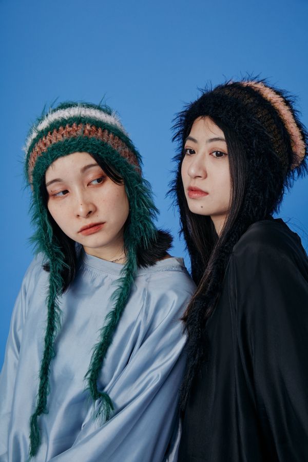 Q爆色塊拼接馬海毛混織遮耳毛帽(綠色) 