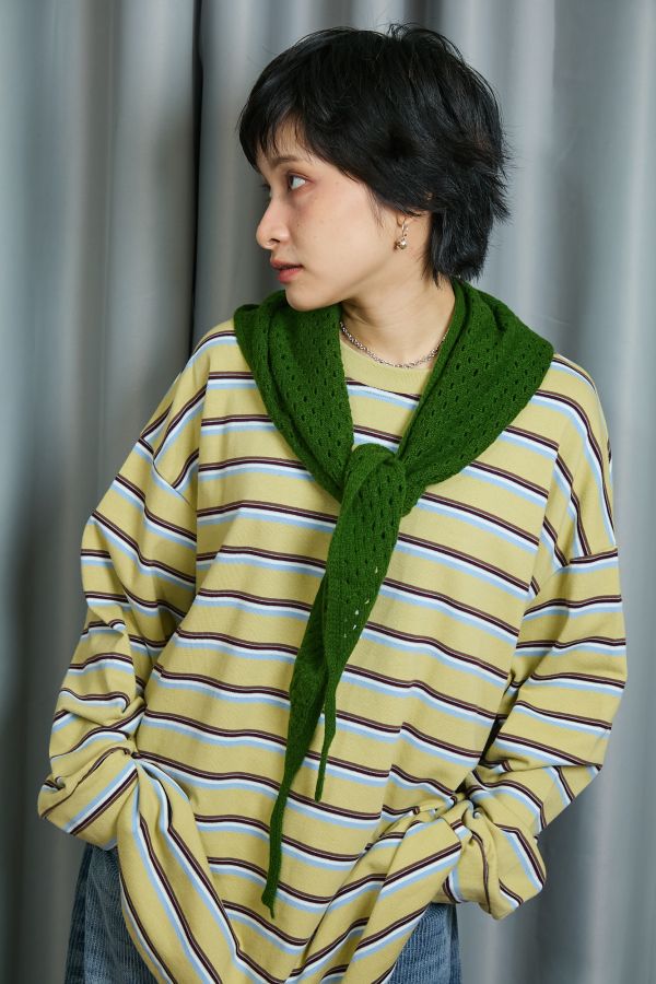 中性四線配色條紋寬鬆落肩慵懶大件上衣(黃色) 