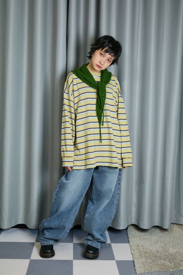 中性四線配色條紋寬鬆落肩慵懶大件上衣(黃色) 