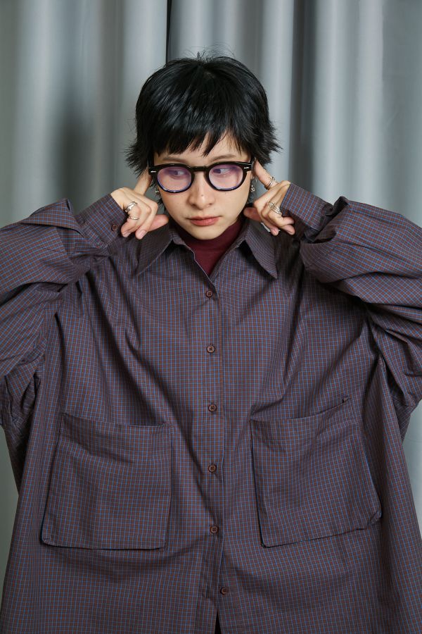 深藍細格紋雙邊立體大口袋寬鬆OVERSIZE襯衫 