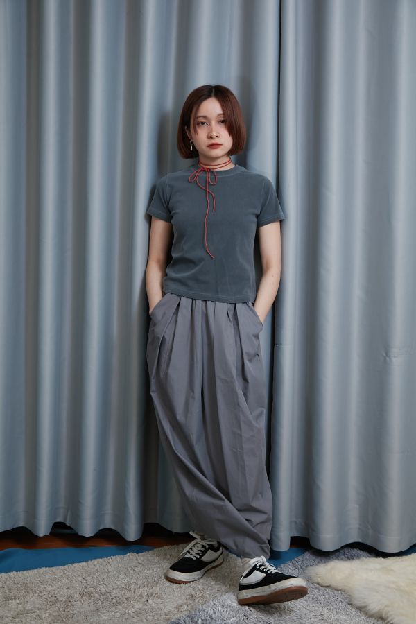 素色腰間多層壓折花苞澎澎氣球長裙(灰色) 