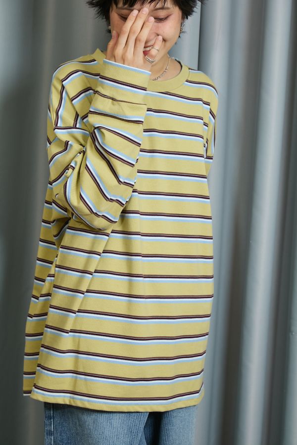 中性四線配色條紋寬鬆落肩慵懶大件上衣(黃色) 