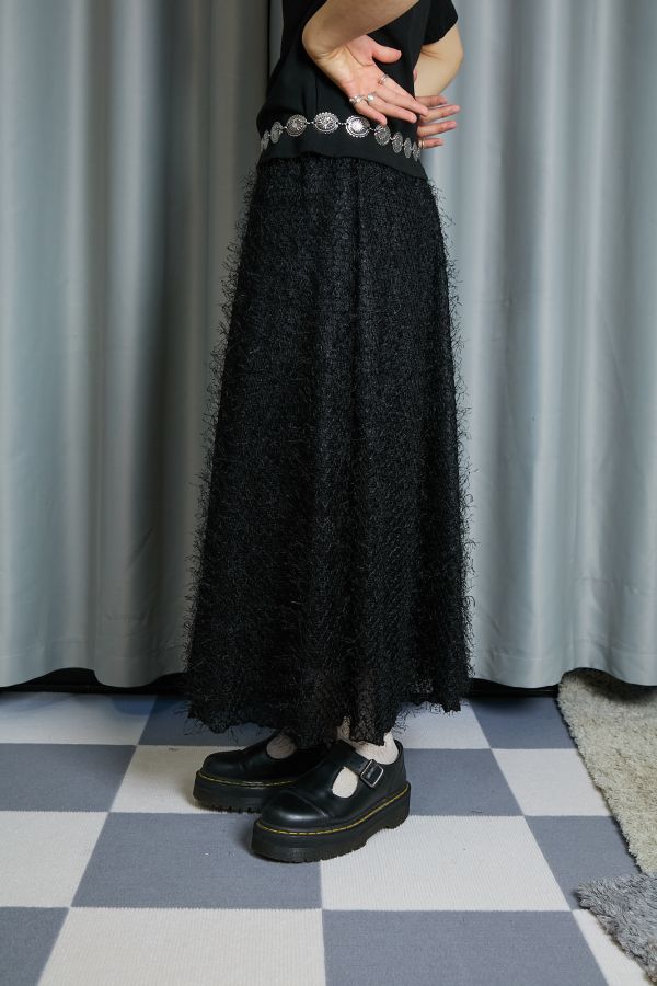 華麗黑色流蘇飛飛毛毛微閃鬆緊長裙 