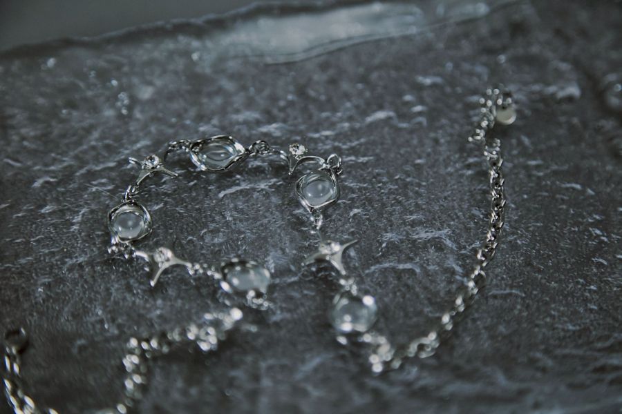 玻璃氣泡珠珠十字星星拼接金屬項鍊 