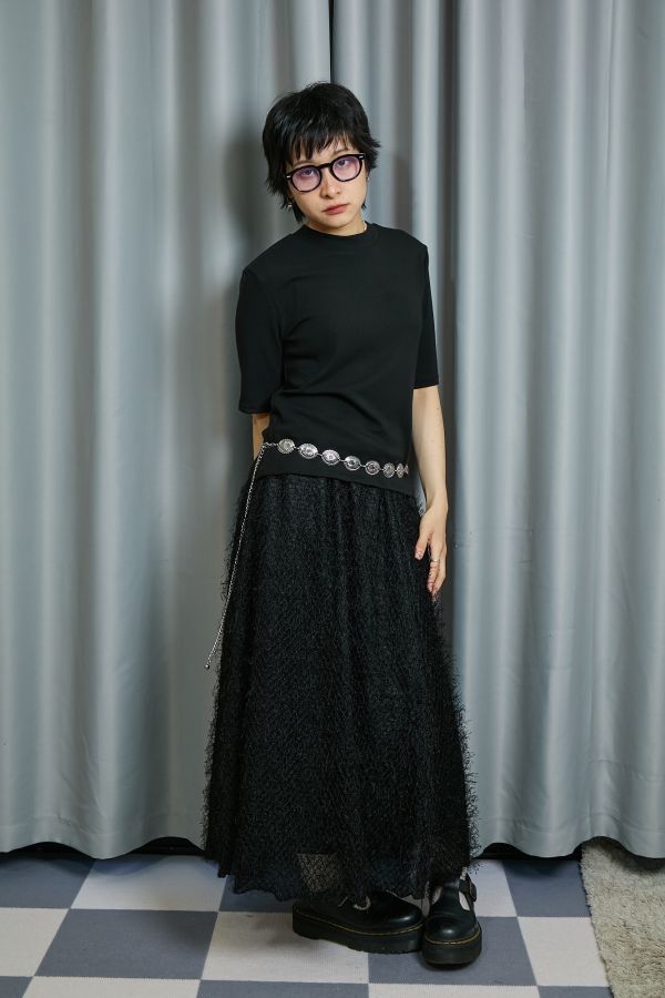 華麗黑色流蘇飛飛毛毛微閃鬆緊長裙 