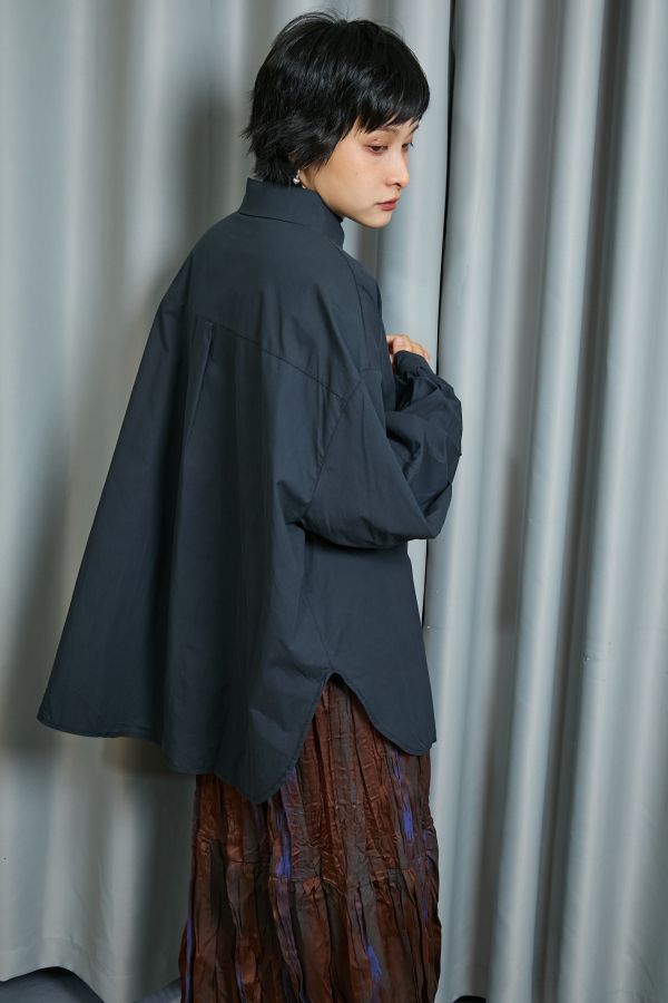 秋日沉穩色系立體繭型大澎袖寬鬆襯衫(深藍) 