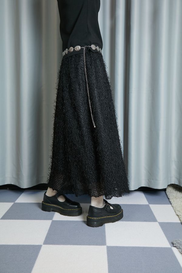 華麗黑色流蘇飛飛毛毛微閃鬆緊長裙 