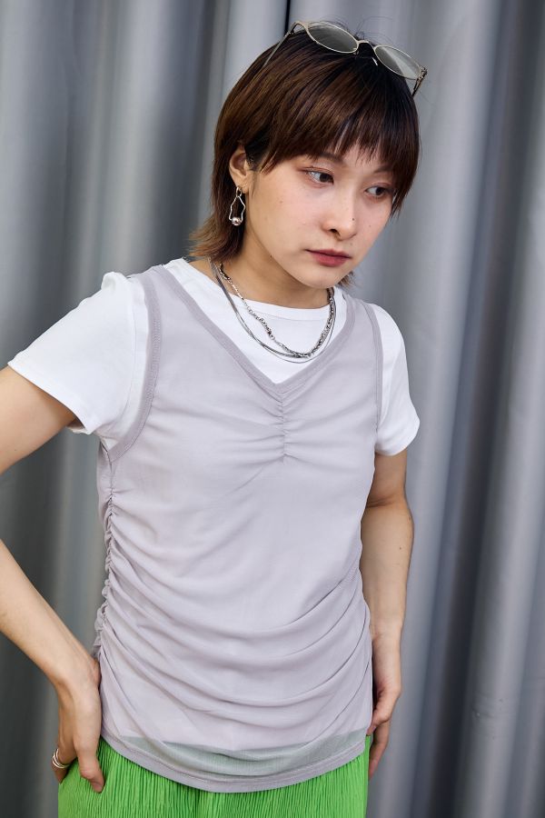 圓領棉質網紗抓皺背心假兩件式短袖上衣 