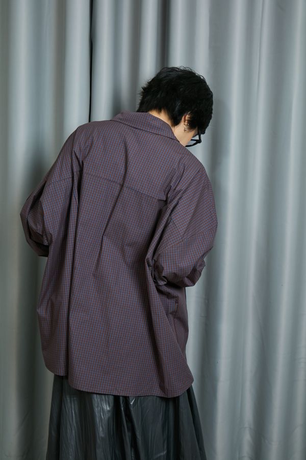 深藍細格紋雙邊立體大口袋寬鬆OVERSIZE襯衫 