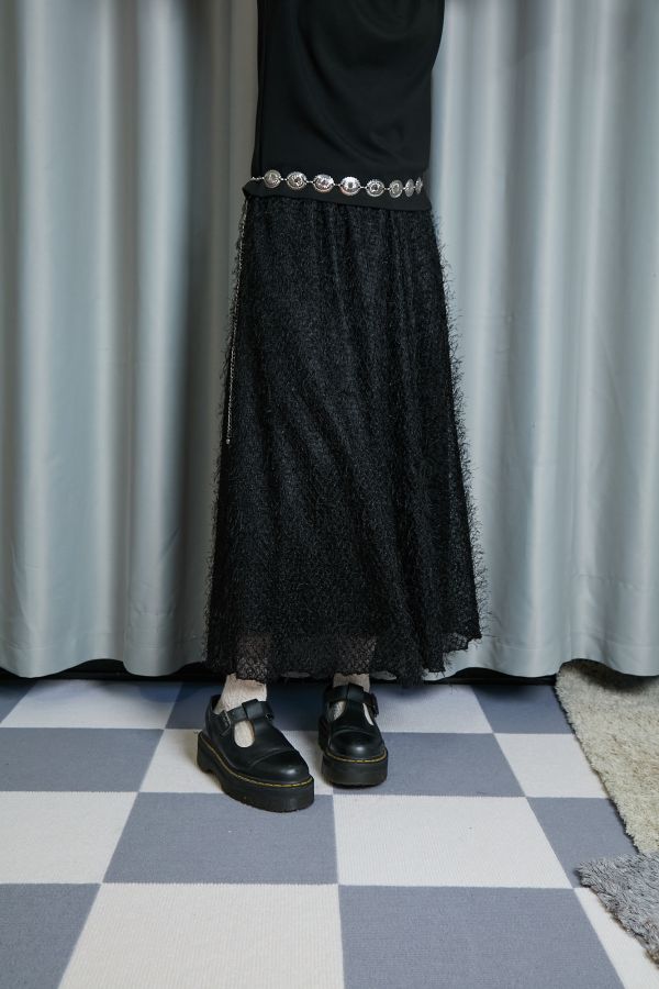 華麗黑色流蘇飛飛毛毛微閃鬆緊長裙 