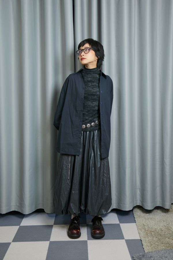 秋日沉穩色系立體繭型大澎袖寬鬆襯衫(深藍) 