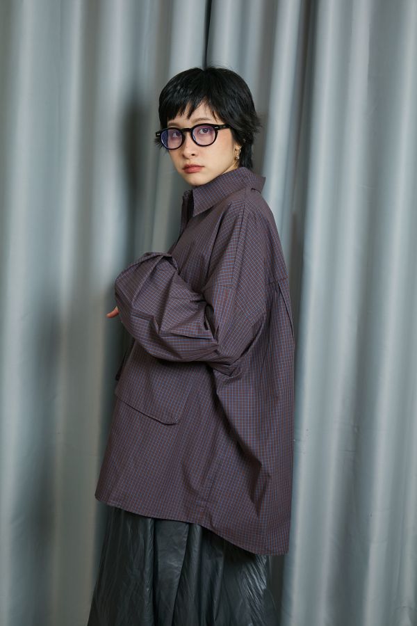 深藍細格紋雙邊立體大口袋寬鬆OVERSIZE襯衫 