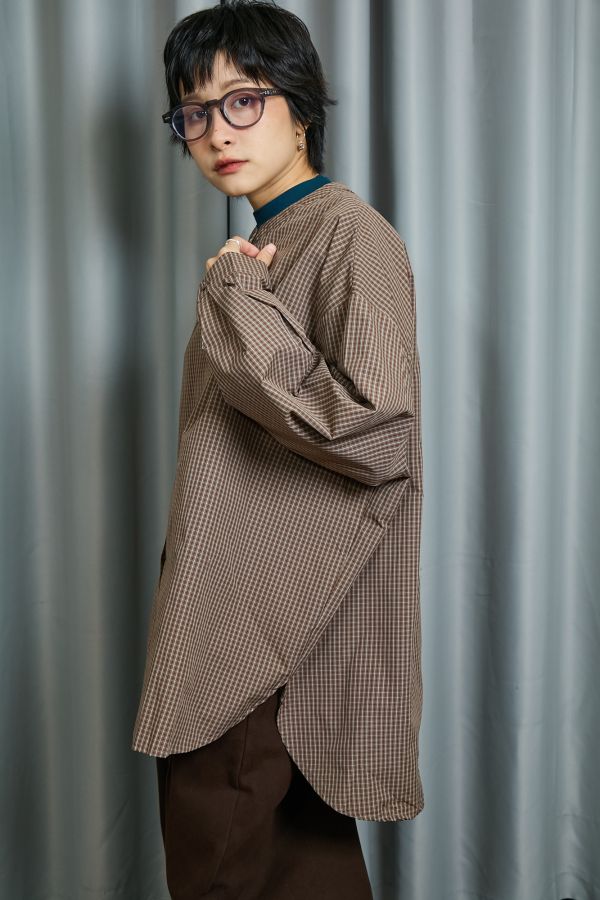 秋天暖暖土黃色格小元亨利領落肩大件襯衫 