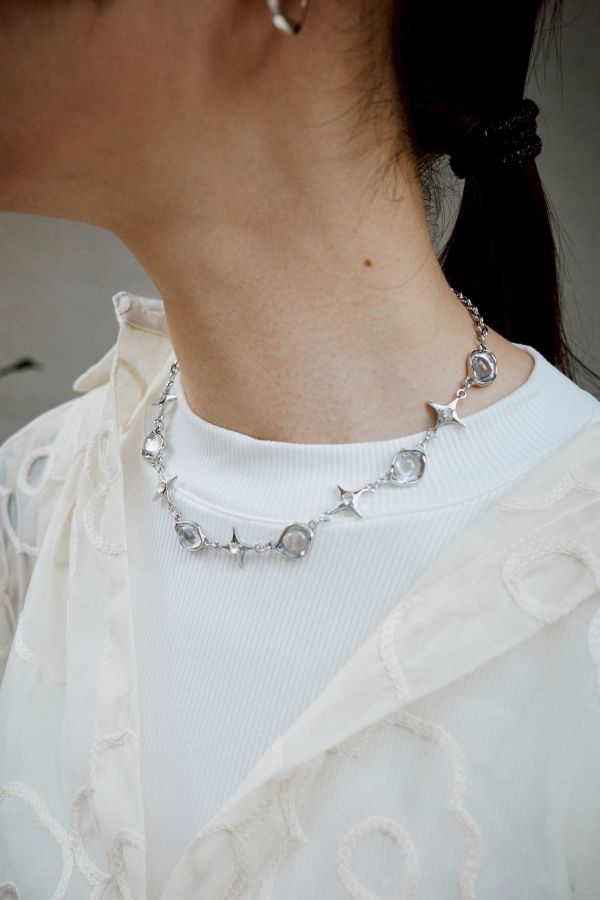 玻璃氣泡珠珠十字星星拼接金屬項鍊 