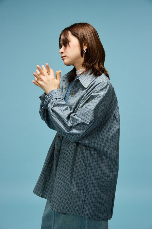 野餐布配色小格紋寬鬆澎袖大件襯衫(藍色) 