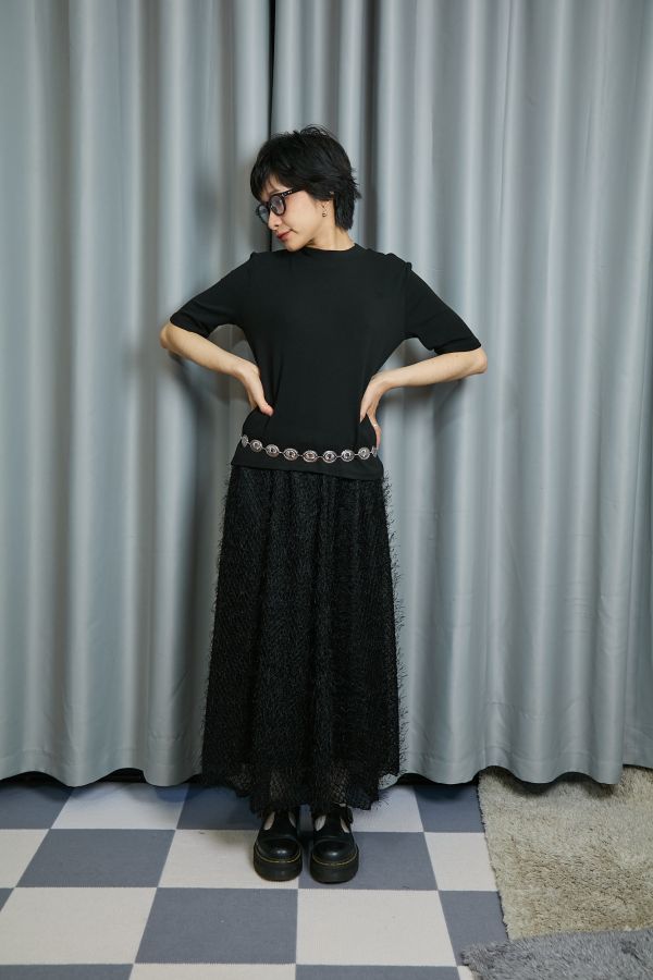 華麗黑色流蘇飛飛毛毛微閃鬆緊長裙 