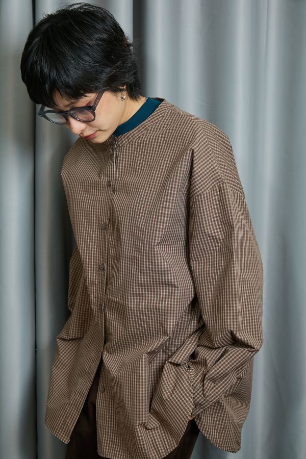 秋天暖暖土黃色格小元亨利領落肩大件襯衫 