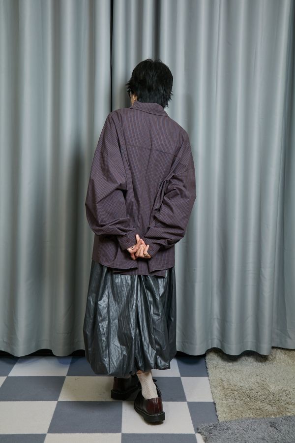 深藍細格紋雙邊立體大口袋寬鬆OVERSIZE襯衫 