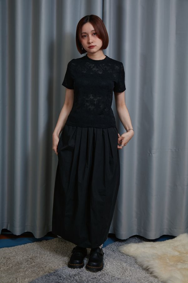 素色腰間多層壓折花苞澎澎氣球長裙(黑色) 