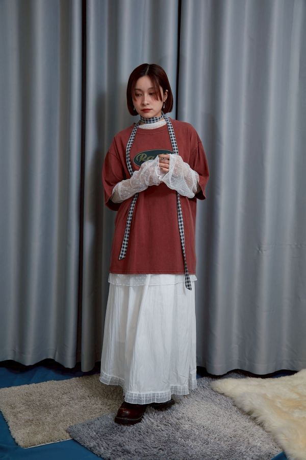 【SALE!7折】下擺百折蕾絲拼接腰圍鬆緊抽繩大擺長裙(白色) 