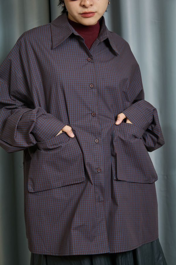 深藍細格紋雙邊立體大口袋寬鬆OVERSIZE襯衫 