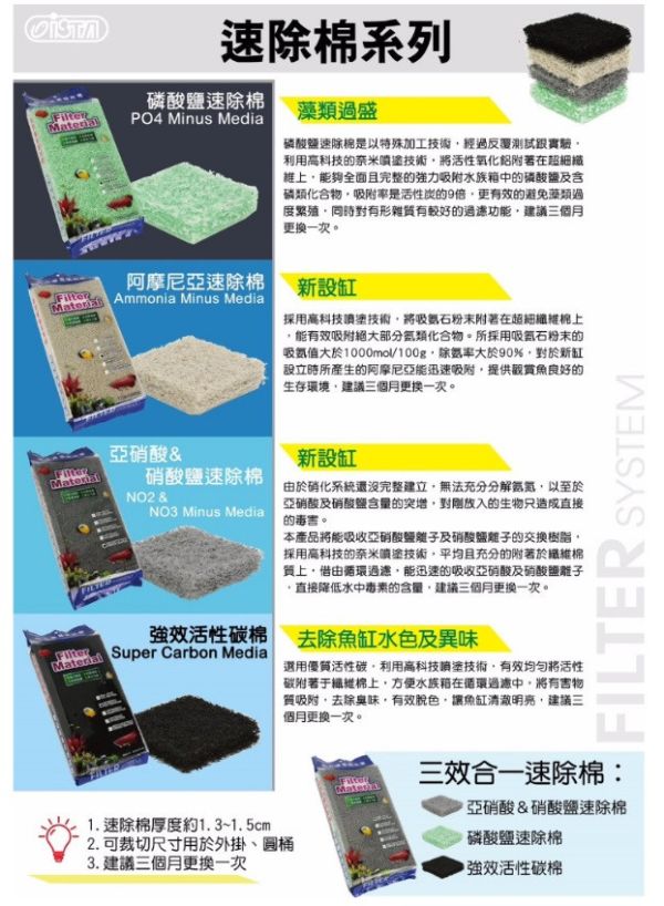 ISTA 伊士達 三效合一速除棉 強效活性碳棉 阿摩尼亞速除棉 磷酸鹽速除棉 亞硝鹽&硝酸鹽速除棉 