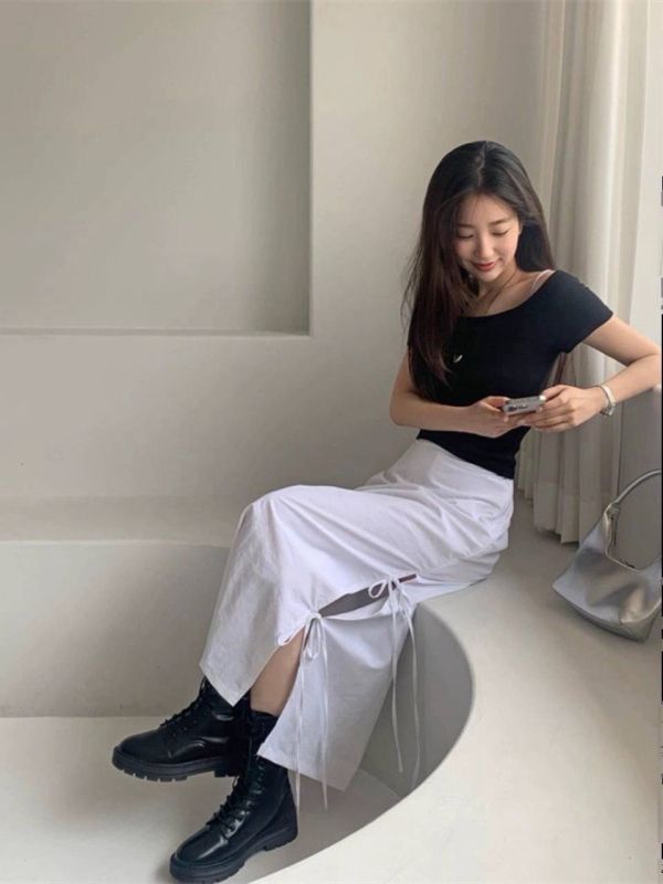 側開衩綁帶裙 