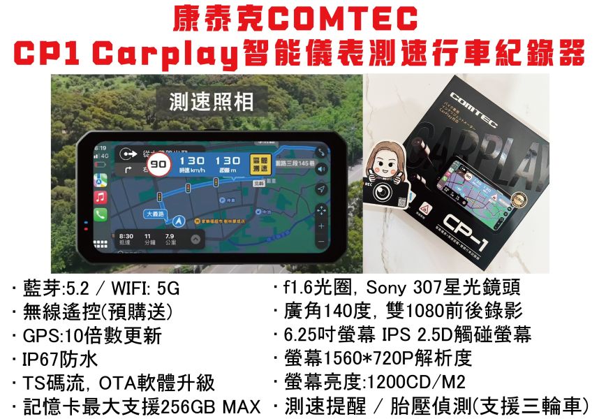 六姐的店※【Comtec康泰克】CP-1 機車Carplay-智能儀表.測速提醒.胎壓偵測.雙鏡行車記錄器 機車Carplay,智能儀表,行車紀錄器,測速提醒,胎壓偵測,COMTEC CP-1,雙鏡行車記錄器,新莊部品店,六姐騎士部品,行車安全