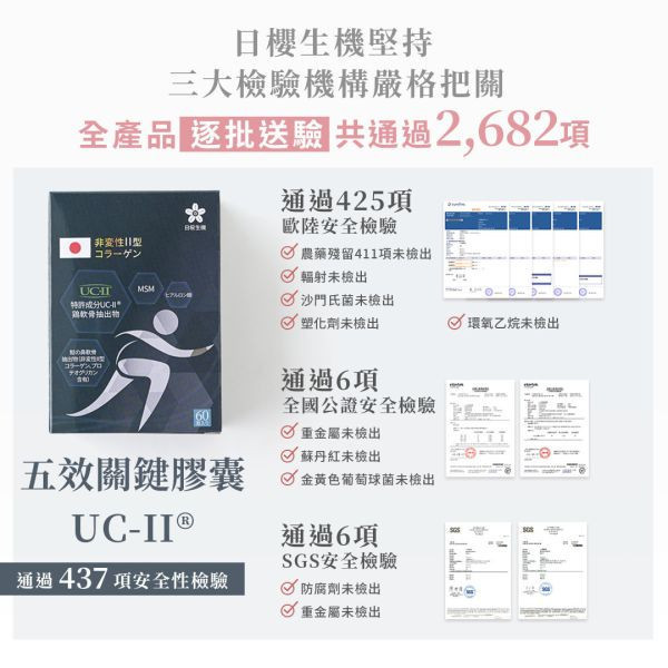 五效關鍵膠囊(UC-II) 60粒/盒｜5入組 五效關鍵,UCII,UC2,UC-II,MSM,行動力,靈活,腳步,葡萄糖胺,軟骨素,潤滑,玻尿酸,蛋白聚醣,鈣,日櫻生機,UCII推薦,UCII功效,關節保養,UCII品牌
