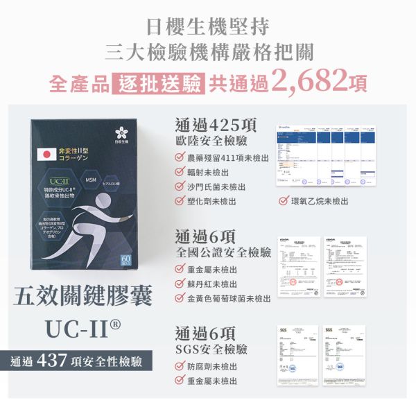 五效關鍵膠囊(UC-II)【60粒/盒】｜單盒即享免運 五效關鍵,UCII,UC2,UC-II,MSM,行動力,靈活,腳步,葡萄糖胺,軟骨素,潤滑,玻尿酸,蛋白聚醣,鈣,日櫻生機,UCII推薦,UCII功效,關節保養,UCII品牌