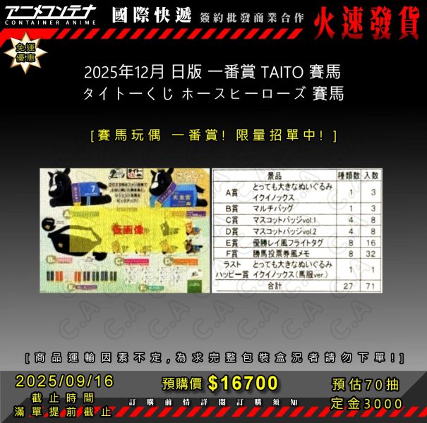 2025年12月 日版 一番賞 TAITO 賽馬 タイトーくじ ホースヒーローズ 賽馬 0916 