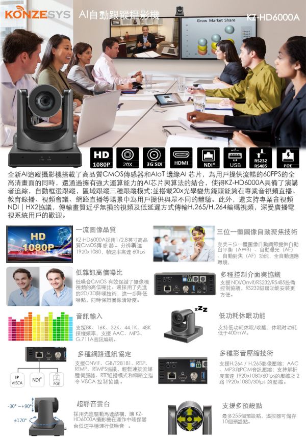 KONZESYS KZ-HD6000A AI自動跟蹤攝影機 KONZESYS KZ-HD6000A AI自動跟蹤攝影機, KONZESYS KZ-HD6000A ,AI 自動跟蹤攝影機, 智慧追蹤攝影機, 教學用攝影機, 技術特色關鍵字,人像追蹤攝影機,Full HD 攝影機,自動對焦攝影機, AI 影像辨識設備