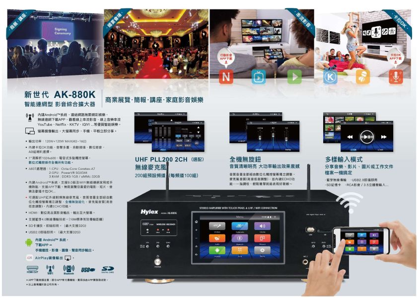 HYLEX AK-880K 新世代 智能聯網型 影音綜合擴大機 HYLEX AK-880K 新世代 智能聯網型 影音綜合擴大機, 廣播擴大機,卡拉OK擴大機,綜合擴大機, HYLEX AK-880K , HYLEX擴大機, 擴大機安裝