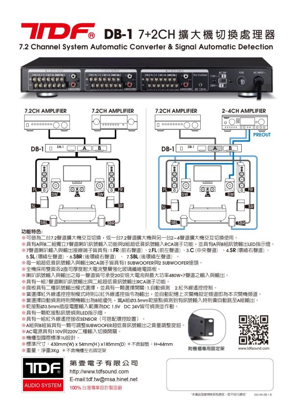 TDF DB-1 7+2 CH 擴大機切換處理器 TDF DB-1 7+2 CH 擴大機切換處理器,TDF DB-1,7+2 CH 擴大機切換器,擴大機切換器,多聲道切換器,AV 擴大機切換器, - 家庭劇院切換器, 立體聲切換器,多擴大機切換器,喇叭切換器,音響切換器