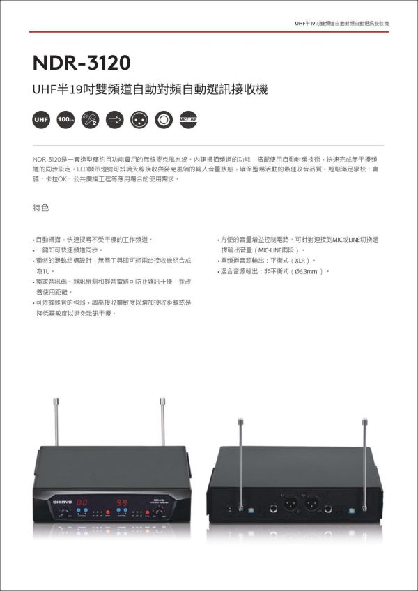 CHIAYO NDR‑3120｜UHF 半 19 吋雙頻道無線麥克風接收機｜自動對頻｜自動選訊｜會議/教室/舞台音響設備 UHF 無線麥克風,類比無線麥克風,雙頻道無線麥克風,手握式無線麥克風,會議室麥克風,教學用麥克風,活動主持麥克風,舞台表演麥克風,宗教場域麥克風,企業簡報麥克風,補習班麥克風, CHIAYO NDR‑3120, CHIAYO-NDR‑3120雙頻道無線麥克風接收機, CHIAYO無線麥克風