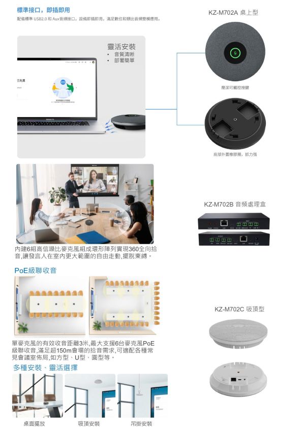 KONZESYS KZ-M702全向數位陣列麥克風 KONZESYS KZ-M702全向數位陣列麥克風, KONZESYS KZ-M702, 串接式視訊會議, 全雙工音訊, 藍牙會議揚聲器, USB 會議電話, USB 麥克風
, 360度收音喇叭,  全向陣列麥克風, 線上會議麥克風