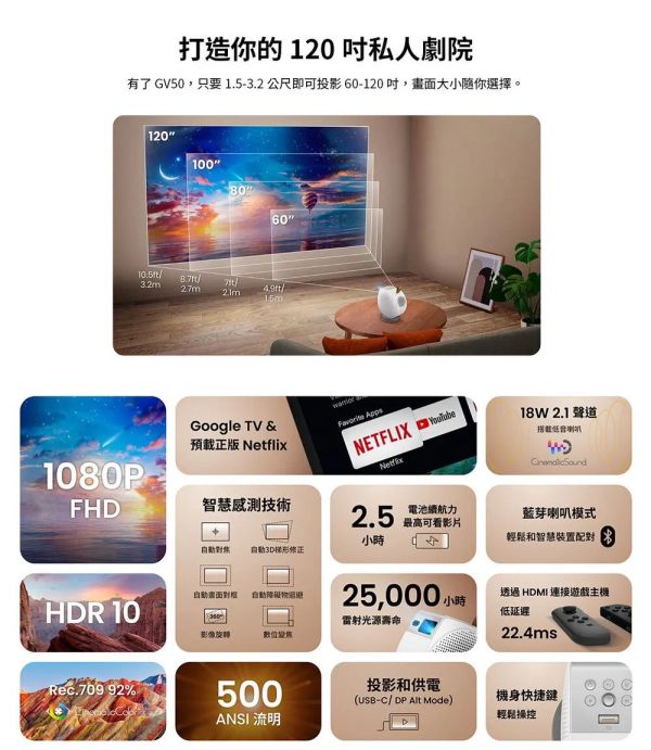BenQ 1080p Google TV 雷射智慧微型投影機 GV50 投影機,benq投影機, BenQ 1080p Google TV 雷射智慧微型投影機 GV50, Benq GV50, 雷射投影機, 露營投影機, 家用投影機, 劇院投影機, 微型投影機, 無線投影機, google tv投影機