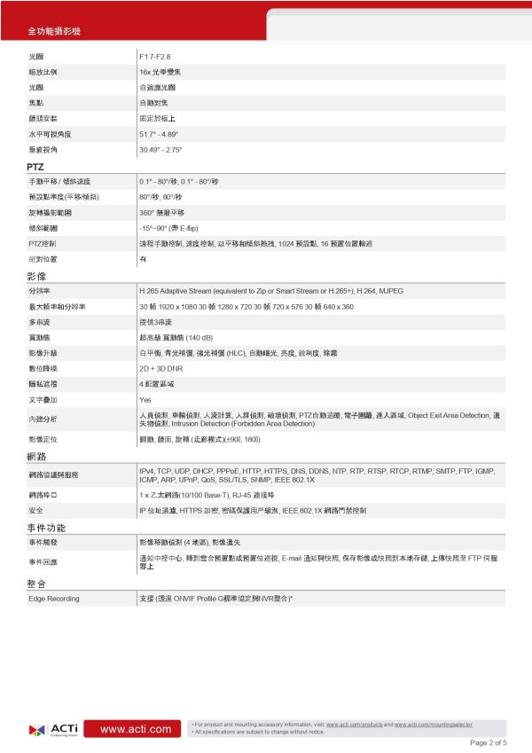 ACTi Z958室外全功能攝影機 (200萬畫素) 監視設備,監控攝影機,監視器,監視主機, ACTI, ACTi Z958室外全功能攝影機 (200萬畫素), ACTi Z958, 變焦子彈型攝影機,200萬畫素監視器, 網路攝影機, 安防攝影機, 企業安防系統, 室外監控,商用監視設備,停車場監控, 工廠安全監視, PTZ攝影機, 追蹤攝影機