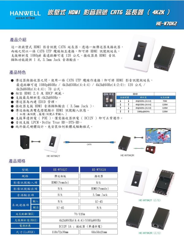 捍衛科技 HANWELL HE‑W70K2 4K HDMI CAT6 延長器｜嵌壁式訊號延長｜60m 傳輸｜HDMI 2.0｜會議室/居家布線首選 HANWELL
捍衛科技 HANWELL HE‑W70K2  4K HDMI CAT6 延長器, HE‑W70K2,HDMI 延長器,4K HDMI 延長,CAT6 HDMI 延長,HDMI 2.0 延長, HDMI 壁面延長器, 嵌壁式 HDMI,HDMI over CAT6,HDMI 傳輸器,70m HDMI 延長,會議室 HDMI,投影機 HDMI 延長,住家裝潢佈線,HDMI 訊號延長,