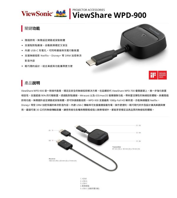 ViewShare WPD-900 無線投影傳輸套組 -ViewShare WPD-900, 無線投影套組, 無線投影器推薦,即插即用投影, Miracast iOS鏡像, Netflix無線投影, 商務簡報設備, HDMI無線傳輸, USB-C無線投影,投影機配件推薦, ViewShare WPD-900 無線投影傳輸套組