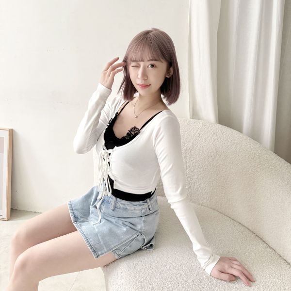 綁帶T蕾絲背心2件式 