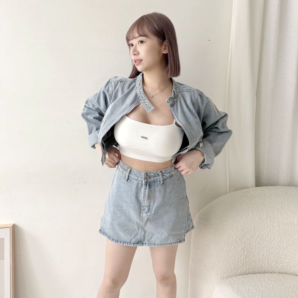 側開岔牛仔褲裙 