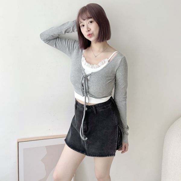 綁帶T蕾絲背心2件式 