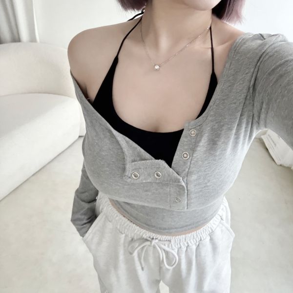 斜邊釦棉質2件式 