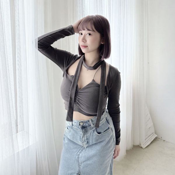 胸抓皺棉質假2件式 