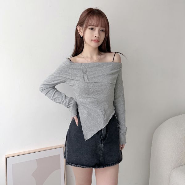 反領斜邊棉質2件式 