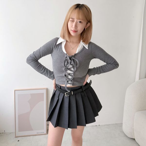 襯衫領背心配綁帶上衣 