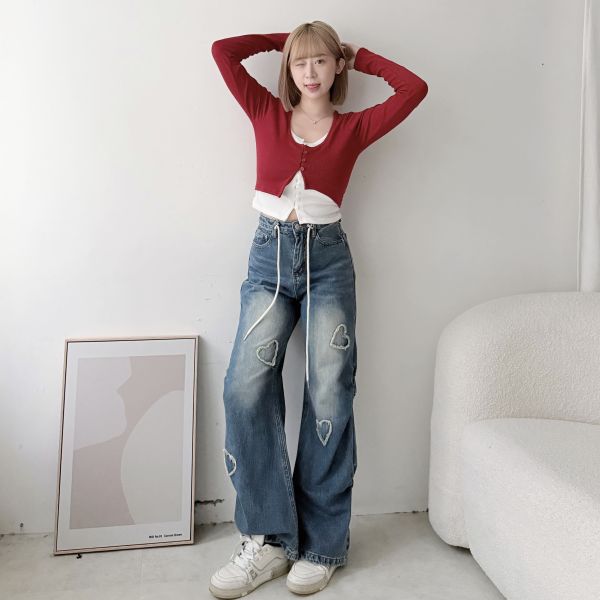 愛心貼布牛仔長褲 