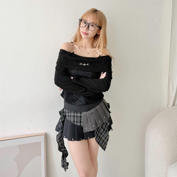 拼接格子百褶短裙 